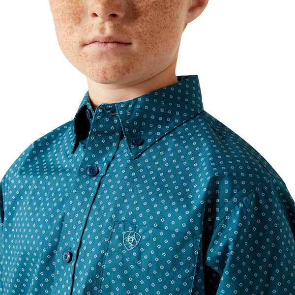 10065986 Ariat Boys' Tyce Classic Fit Long Sleeve Button Down Western Shirt - Dark Teal