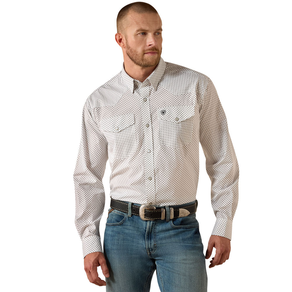 10071021 Ariat Men's Wrinkle Free Anthony Classic Fit Snap Shirt - White Medallion Print