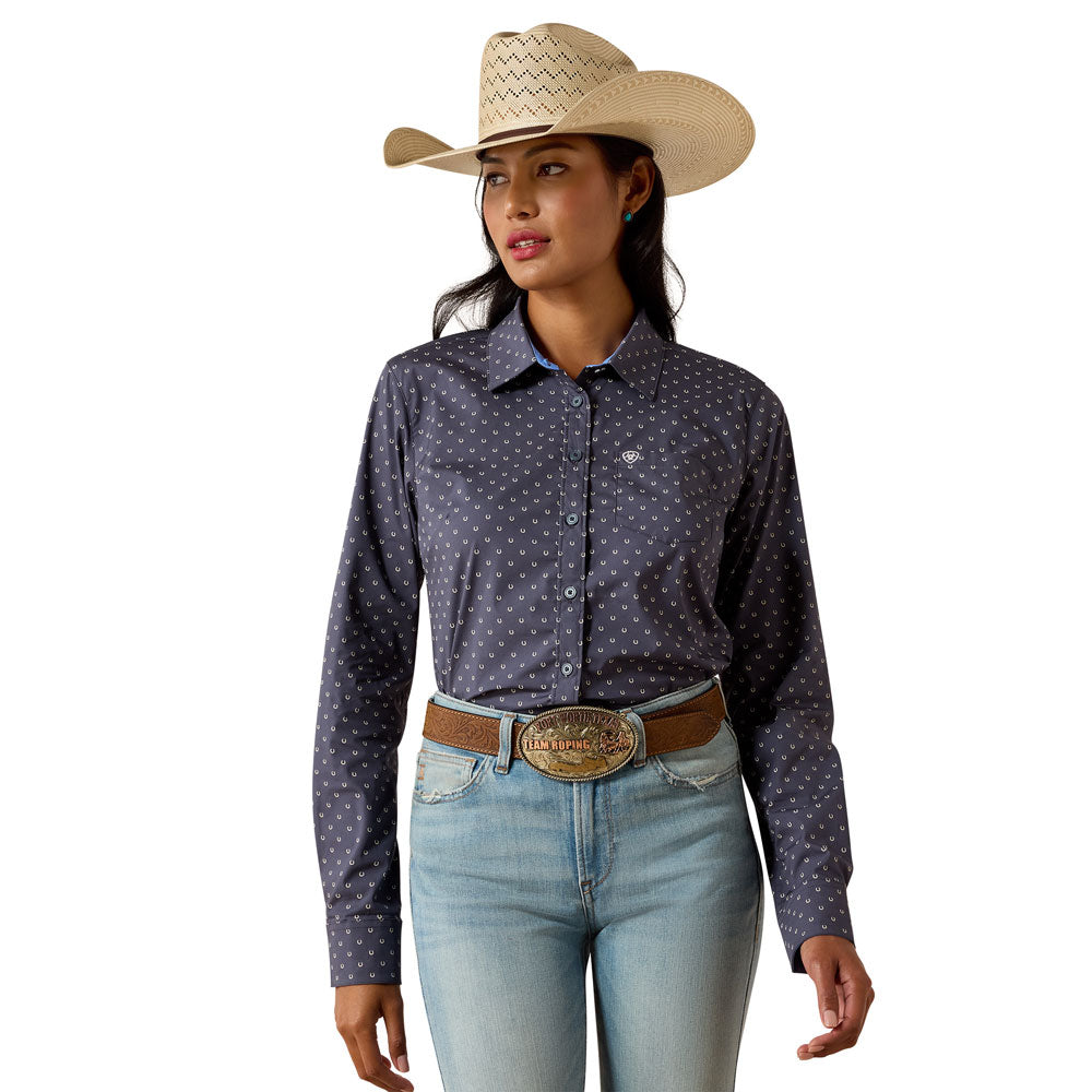 10071416 Ariat Women's Kirby Stretch Long Sleeve Shirt - Ombre Blue Horseshoe
