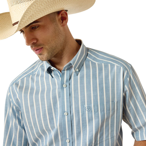 10071618 Ariat Men's Pro Series Tre Classic Fit Short Sleeve Button Down Shirt - Blue Shadow Stripe