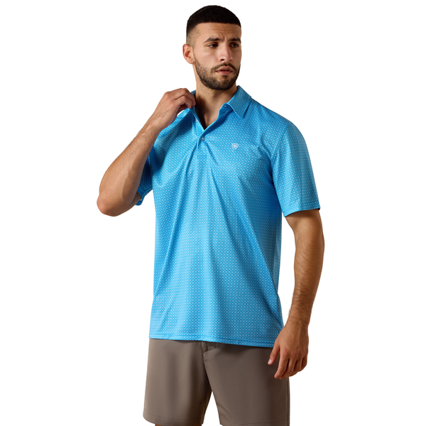 10073468 Ariat Men's All Over Print Short Sleeve Polo - Ibiza Blue Mini Geo Print