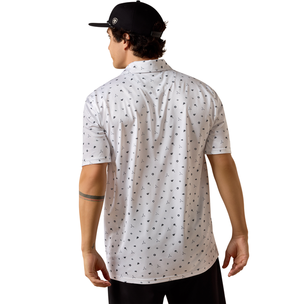 10073470 Ariat Men's All Over Print Short Sleeve Polo - White Western Toss Print
