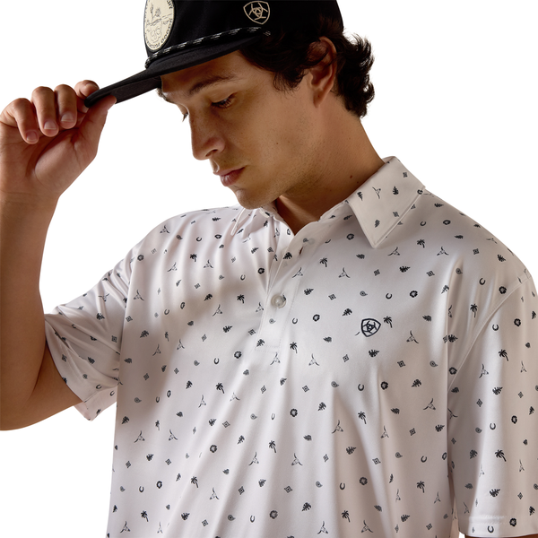 10073470 Ariat Men's All Over Print Short Sleeve Polo - White Western Toss Print