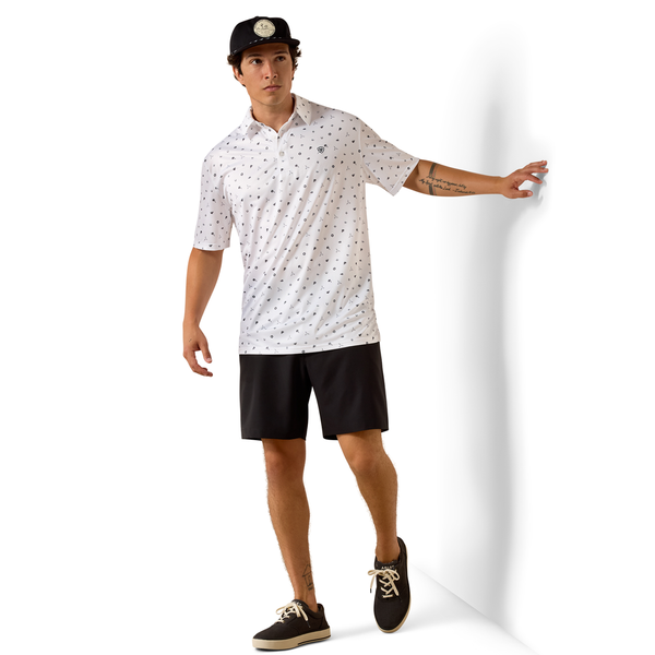 10073470 Ariat Men's All Over Print Short Sleeve Polo - White Western Toss Print