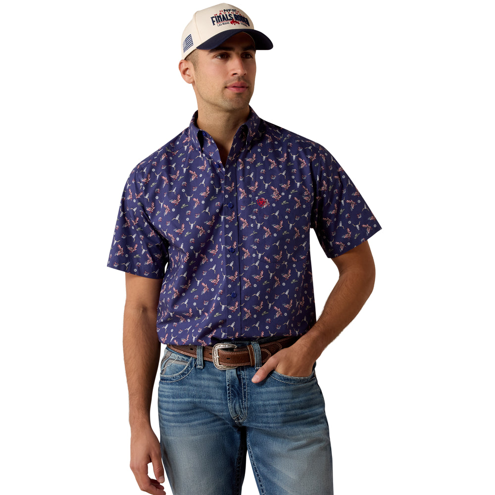 10073534 Ariat Men's Berne Fitted Short Sleeve Shirt - Patriot Blue Americana Print