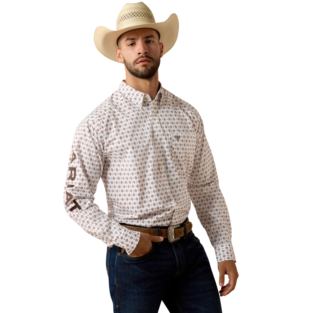 10073629 Ariat Men's Team Dallas Classic Fit Long Sleeve Shirt - White Multi Geo Print/Black