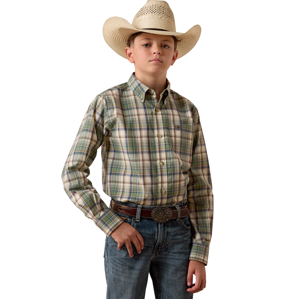 10073634 Ariat Boys' Pro Series Sebastian Shirt - Bronze Green Plaid