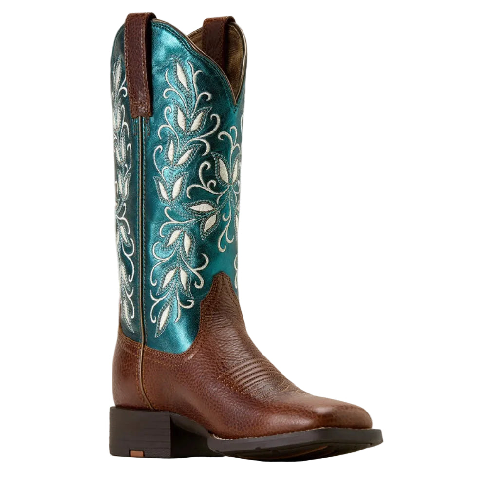 10074373 Ariat Women's Round Up Holly Wide Square Toe Western Boot - Beasty Brown / Metallic Sea