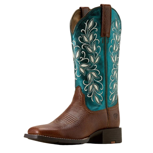 10074373 Ariat Women's Round Up Holly Wide Square Toe Western Boot - Beasty Brown / Metallic Sea