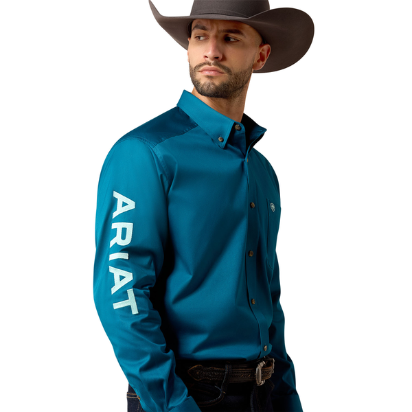 10079357 Ariat Men's Team Logo Twill Classic Fit Long Sleeve Buttondown Shirt - Lyons Blue/Mint