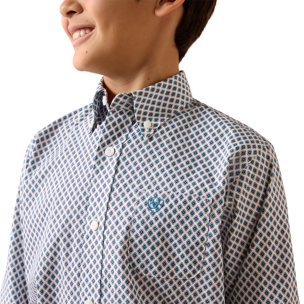 10079424 Ariat Boys' Perez Classic Fit Long Sleeve Buttondown Shirt - White Geo Print