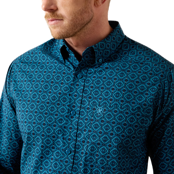 10079445 Ariat Men's Peck Classic Fit Long Sleeve Buttondown Shirt - Sailor Blue Medallion Print