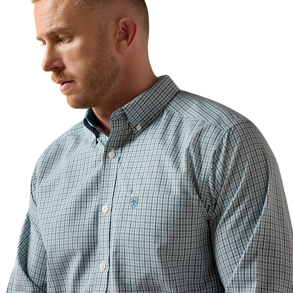 10079531 Ariat Men's Wrinkle Free Barclay Classic Fit Long Sleeve Buttondown Shirt - Blue Steel Multi Micro Plaid