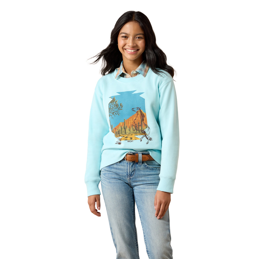10079545 Ariat Girls' Stallion Crew Long Sleeve Sweatshirt - Aquaesque