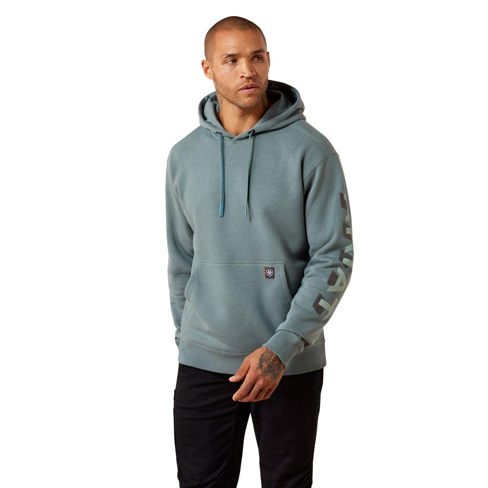 10079751 Ariat Men's Rebar Lightweight Logo Hoodie - North Atlantic/Green Milieu