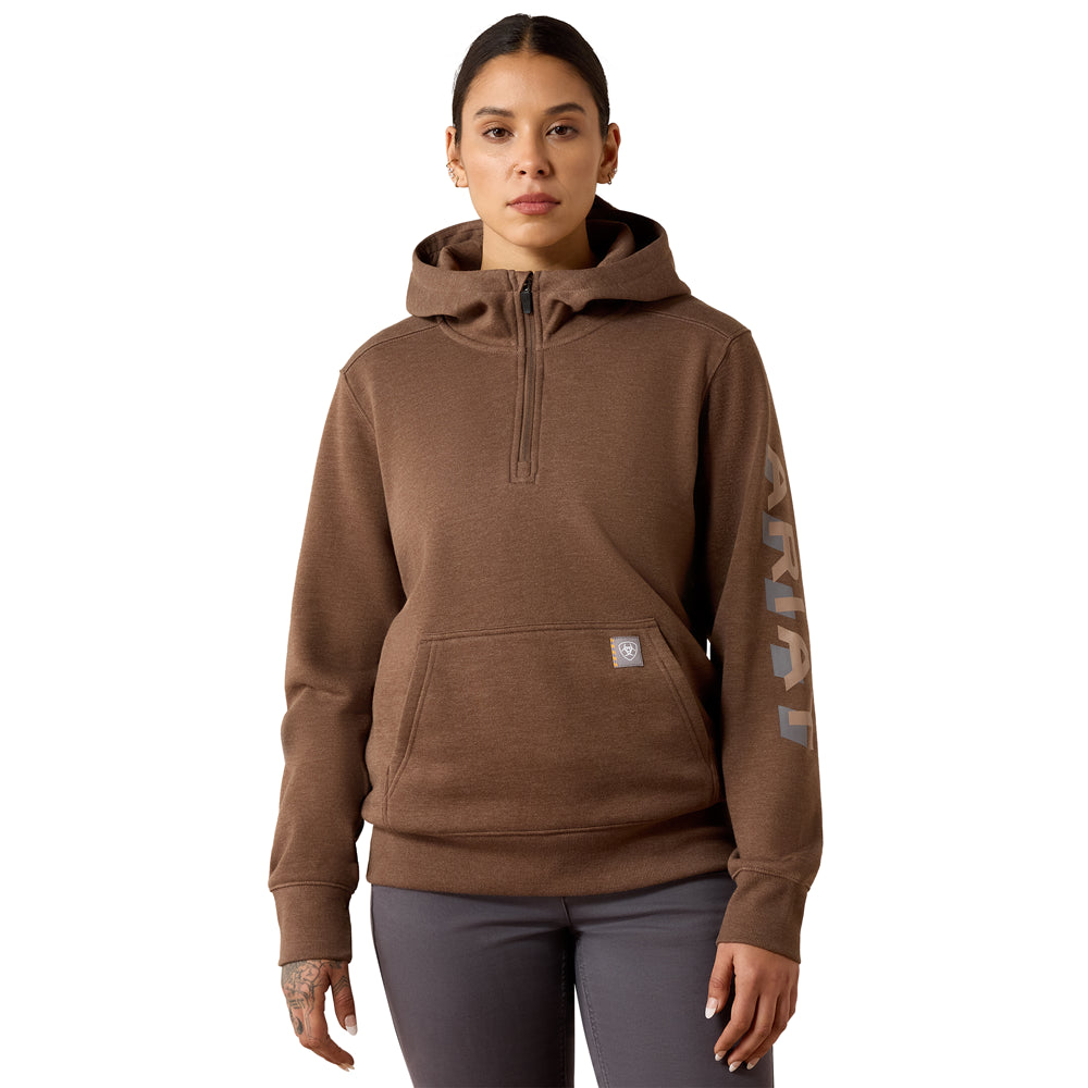 10082241 Ariat Women's Rebar Lightweight Logo 1/2 Zip Hoodie - Raindrop Heather/Ginger Snap