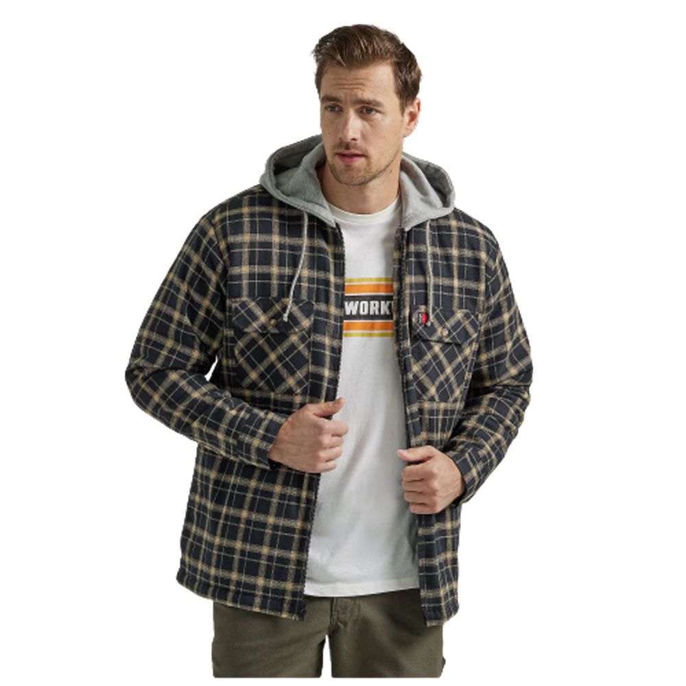 112330052 Wrangler Men's Riggs Flannel Workwear Hooded Jacket - Black and Tan Plaid