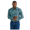 112330339 Wrangler Men's Long Sleeve Logo Western Snap Shirt - Turquoise