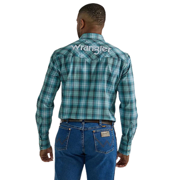 112330339 Wrangler Men's Long Sleeve Logo Western Snap Shirt - Turquoise