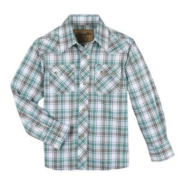 112330506 Wrangler Boys Retro Long Sleeve Shirt - Turquoise Brown Plaid