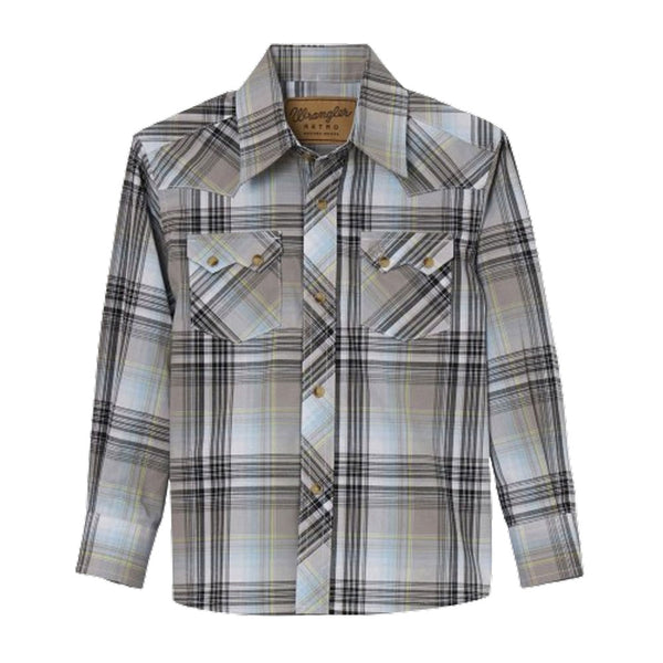 112344305 Wrangler Boys Retro® Long Sleeve Snap Shirt - Grey Plaid