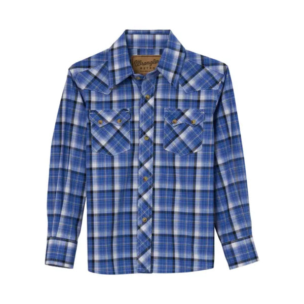 112344306 Wrangler Boys Retro® Long Sleeve Snap Shirt - Blue Plaid