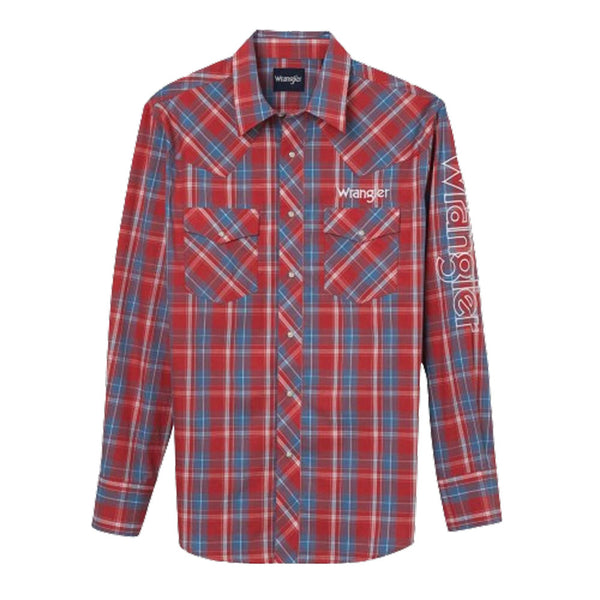 112344433 Wrangler Men's Logo Long Sleeve Western Snap Shirt - Red