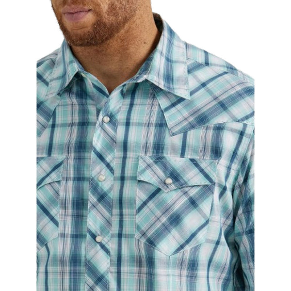 112344818 Wrangler Men's Wrinkle Free Snap Long Sleeve Shirt - Teal Plaid