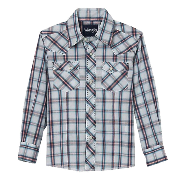 112344825 Wrangler Boys Western Fashion Long Sleeve Snap Shirt - Pale Grey