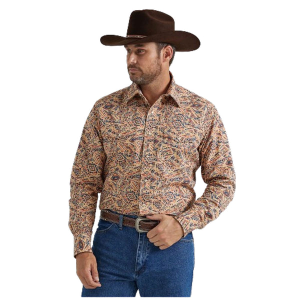 112346072 Wrangler Men's Checotah Dress Western Long Sleeve Shirt - Fiesta Orange Print