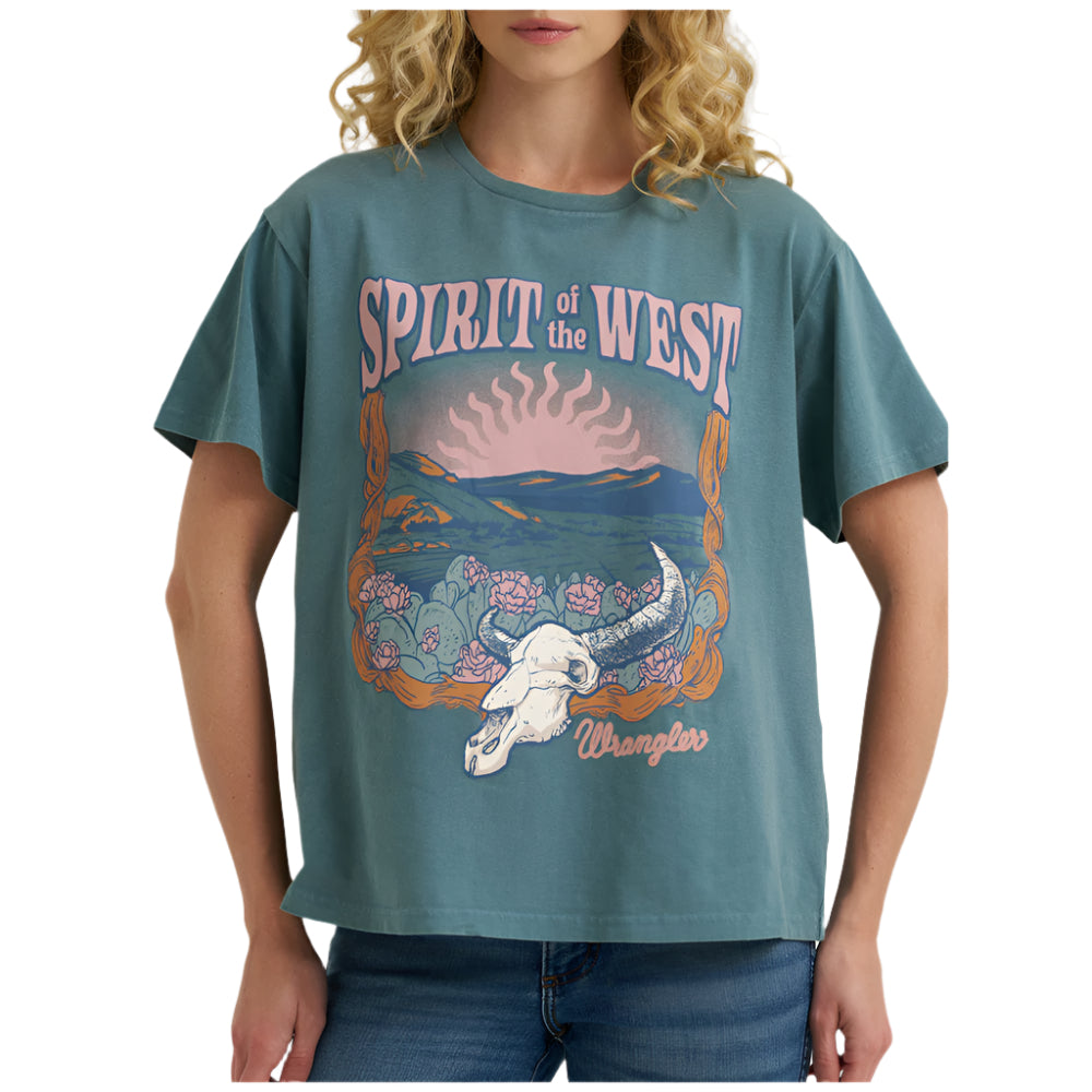 112366395 Wrangler Women's Girlfriend Fit Short Sleeve T-Shirt - Gobin Blue