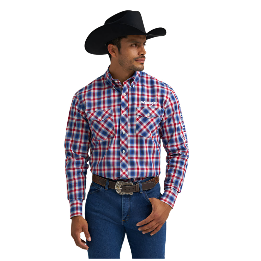 112367731 Wrangler Men's Logo Classic Fit Long Sleeve Shirt - Blue/Red/White