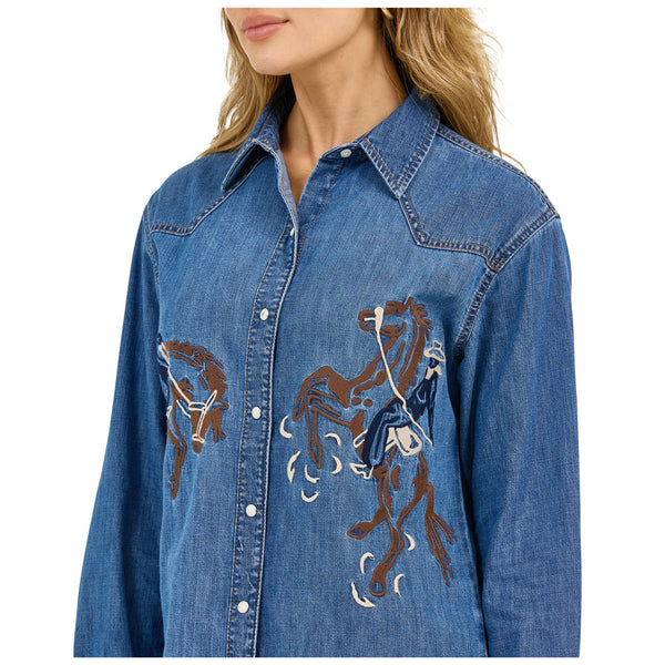 112371715 Wrangler Women's Retro® Americana Boyfriend Long Sleeve Western Snap Shirt - Denim