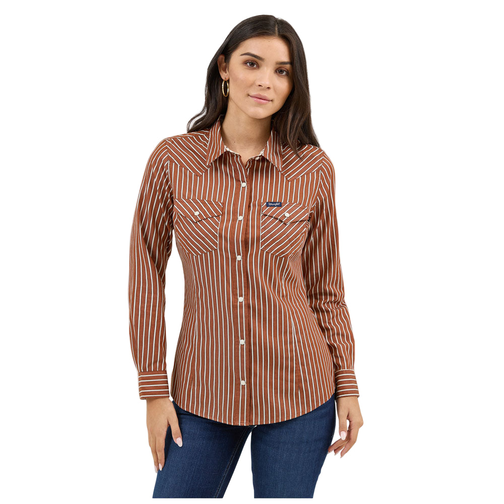 112371900 Wrangler Women's Retro Western Dress Long Sleeve Snap Shirt - Rust Stripe
