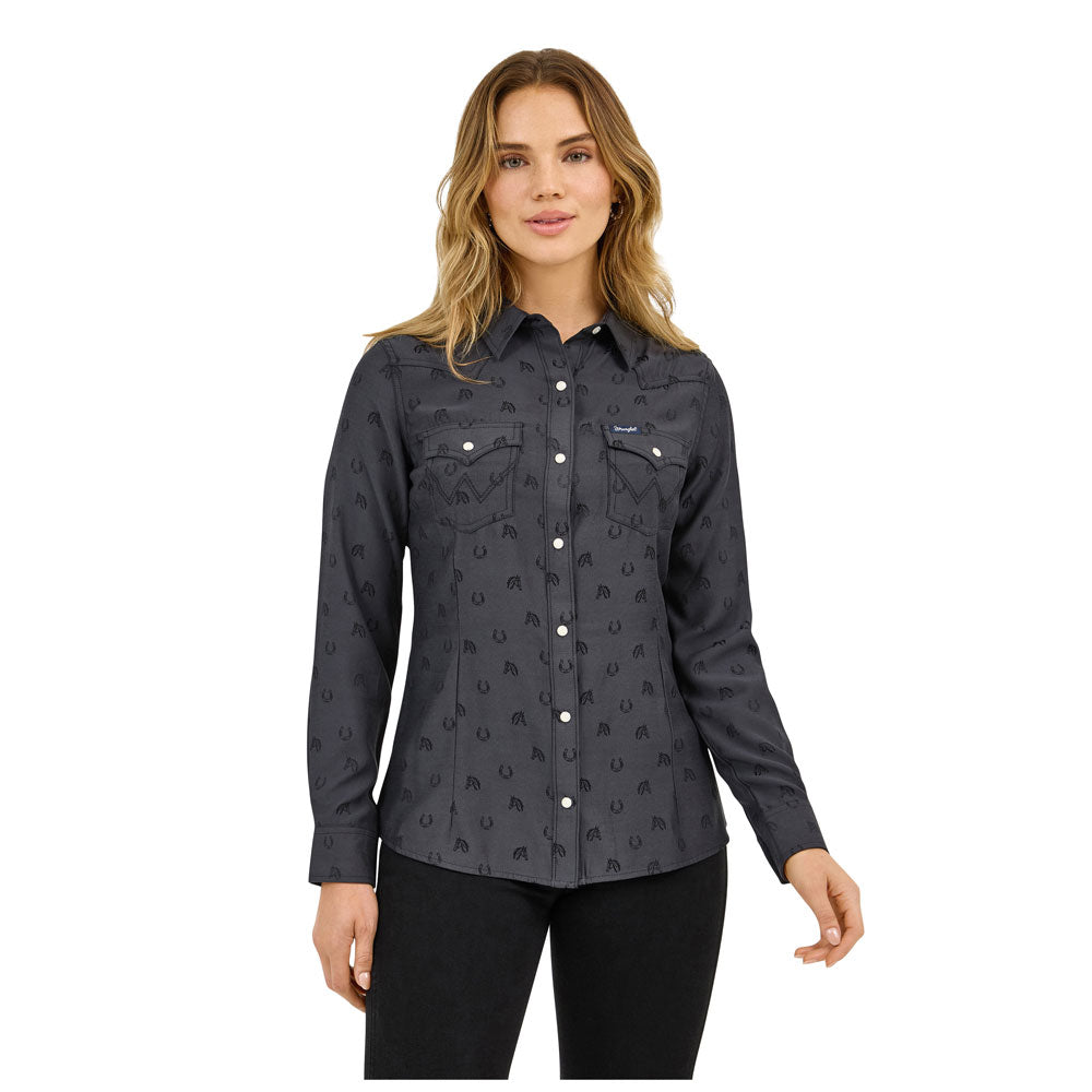 112372429 Wrangler Women's Retro Party Western Long Sleeve Snap Shirt - Black