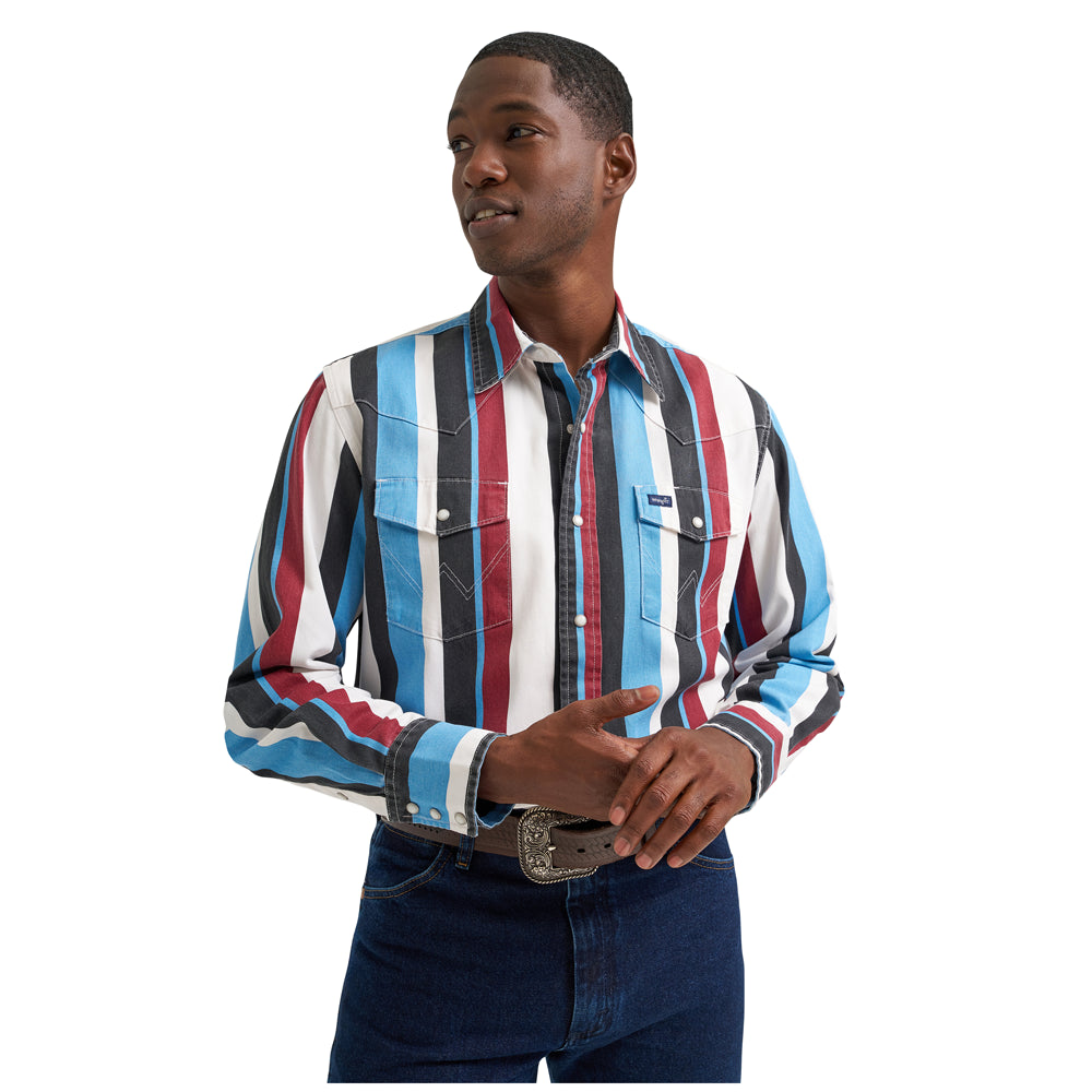 112374804 Wrangler Men's Vintage Inspired Brushpopper Long Sleeve Classic Fit Snap Shirt - Blue Multi Stripe