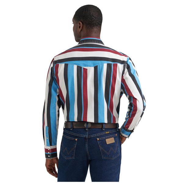 112374804 Wrangler Men's Vintage Inspired Brushpopper Long Sleeve Classic Fit Snap Shirt - Blue Multi Stripe