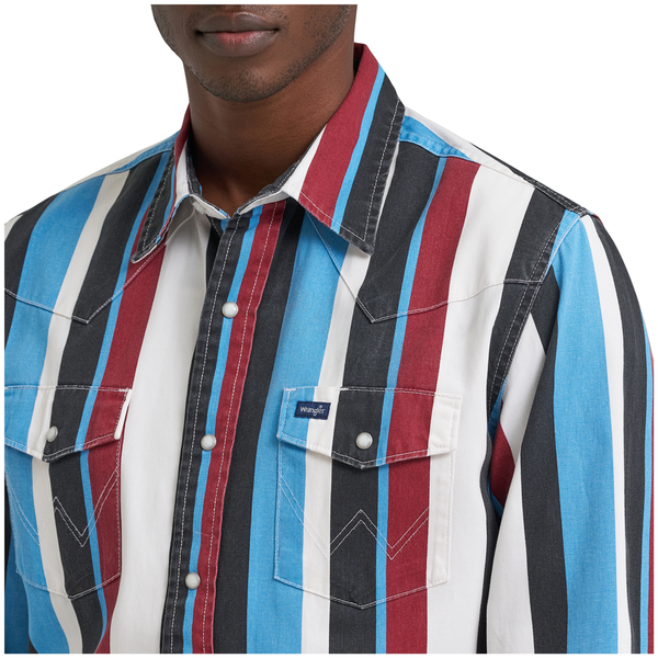 112374804 Wrangler Men's Vintage Inspired Brushpopper Long Sleeve Classic Fit Snap Shirt - Blue Multi Stripe