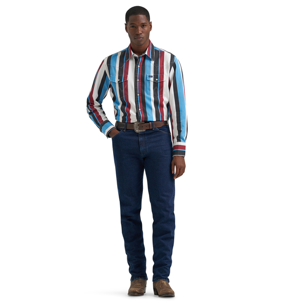 112374804 Wrangler Men's Vintage Inspired Brushpopper Long Sleeve Classic Fit Snap Shirt - Blue Multi Stripe