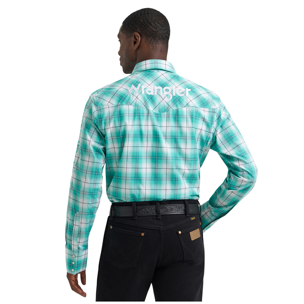 112374857 Wrangler Men's Long Sleeve Logo Snap Shirt - Turquoise