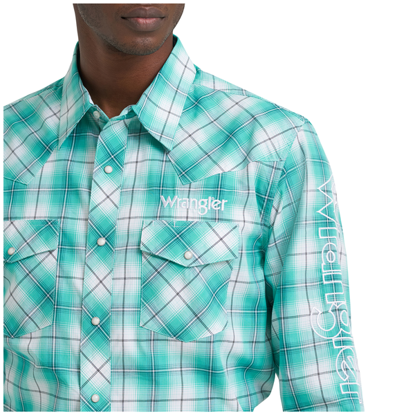 112374857 Wrangler Men's Long Sleeve Logo Snap Shirt - Turquoise