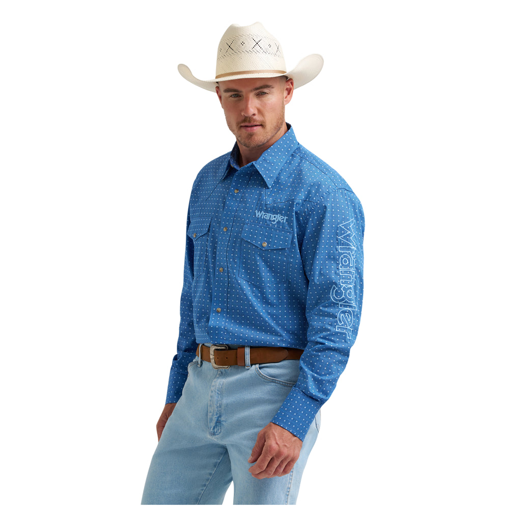 112374858 Wrangler Men's Long Sleeve Logo Snap Shirt - Blue