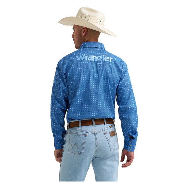 112374858 Wrangler Men's Long Sleeve Logo Snap Shirt - Blue