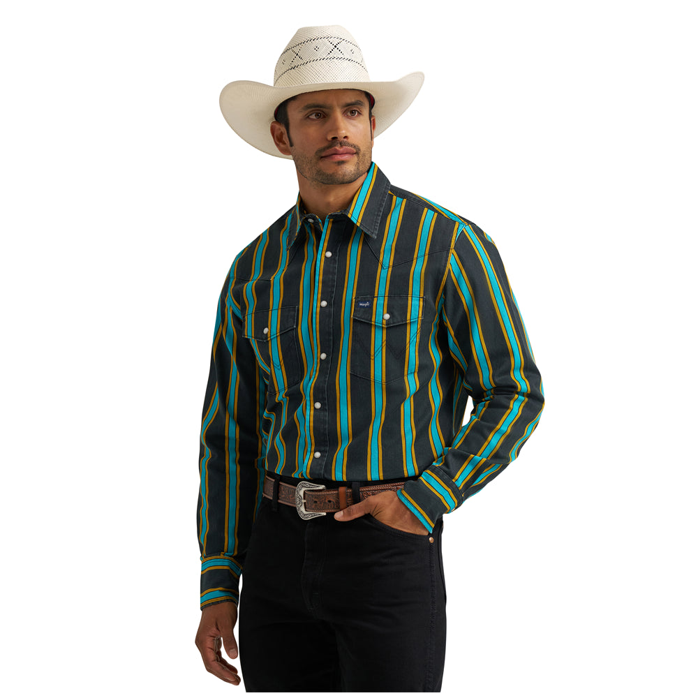 112375714 Wrangler Men's Vintage Inspired Classic Fit Long Sleeve Western Snap Shirt - Black Multi Stripe