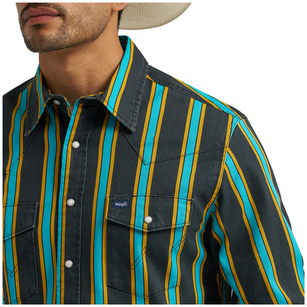 112375714 Wrangler Men's Vintage Inspired Classic Fit Long Sleeve Western Snap Shirt - Black Multi Stripe