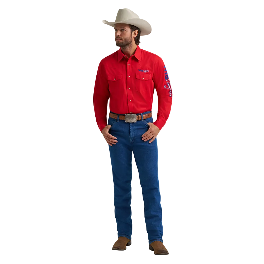 112379238 Wrangler Men's Long Sleeve Logo Snap Shirt - Americana Red