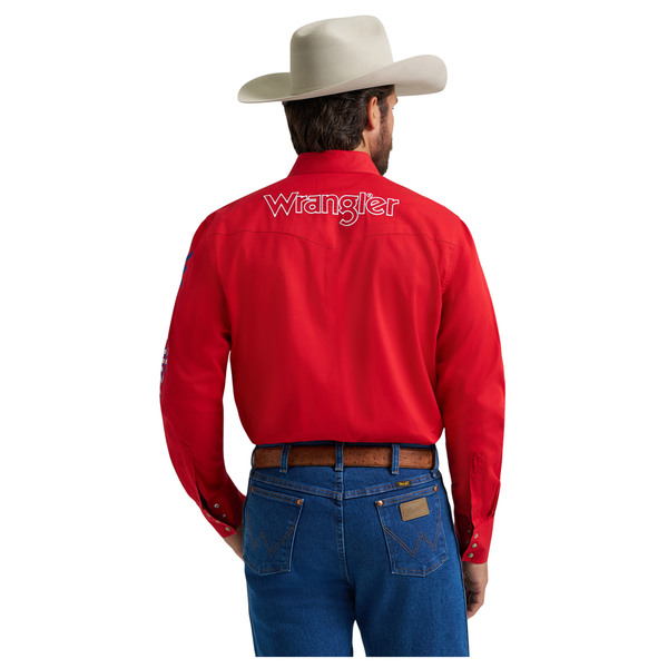 112379238 Wrangler Men's Long Sleeve Logo Snap Shirt - Americana Red