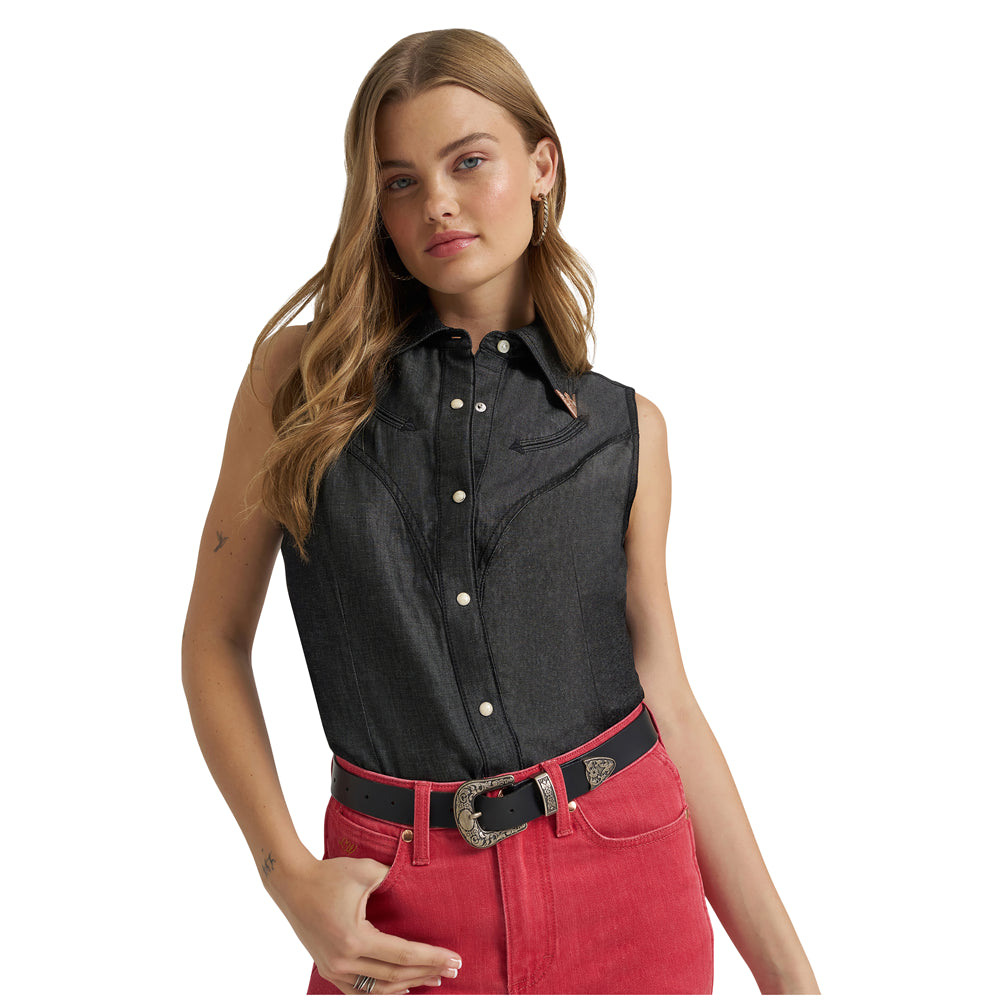 112380459 Wrangler X Lainey Wilson Women's Sleeveless Western Snap Shirt - Black