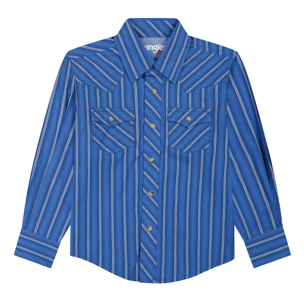 112381465 Wrangler Boys 20X Advanced Comfort Long Sleeve Western Snap Shirt - Navy