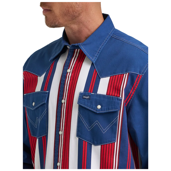 112381499 Wrangler Men's Classic Fit Vintage Inspired Brushpopper Long Sleeve Shirt - Americana Bold Striped